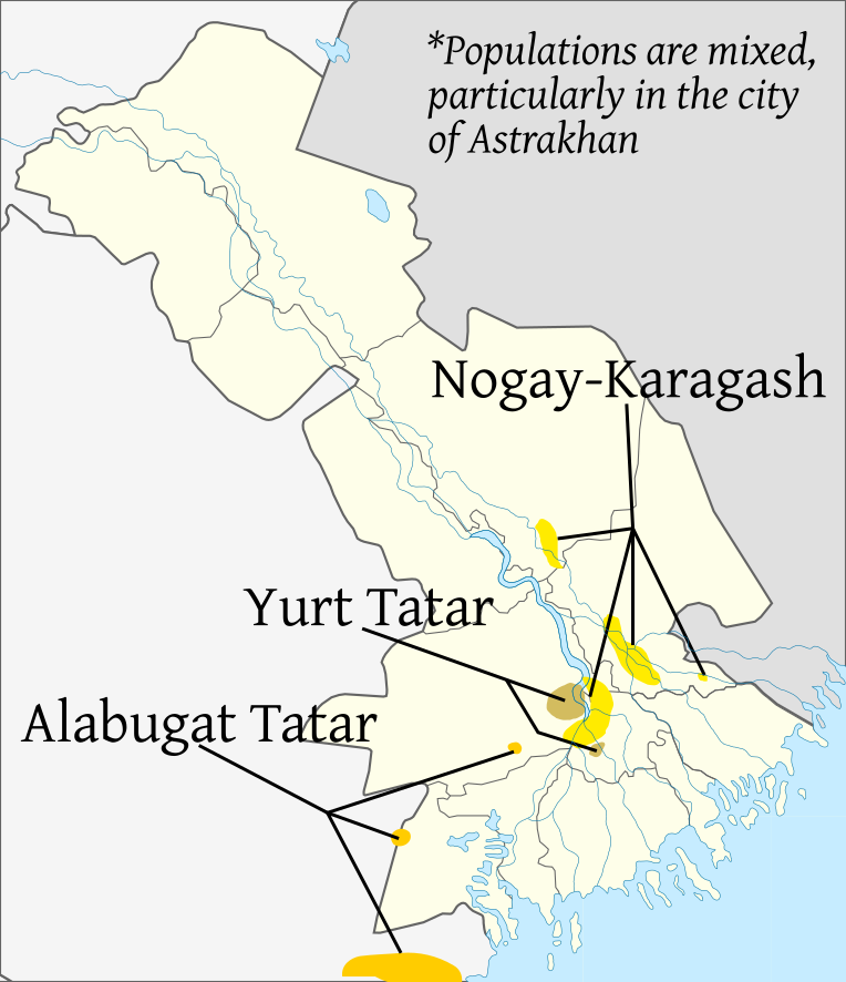 Approximate location of Alabugat Tatar speakers in Kalmykia and Astrakhan Oblast.