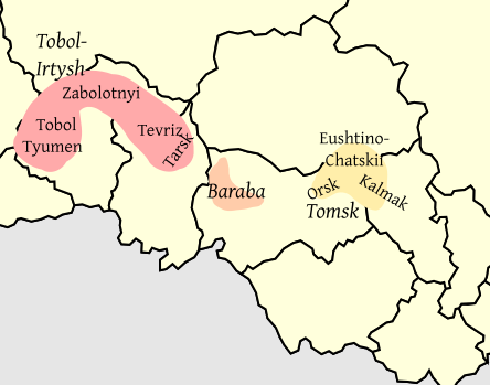 Approximate location of Tobol-Irtysh Tatar speakers in Russia with other varieties of Siberian Tatar.