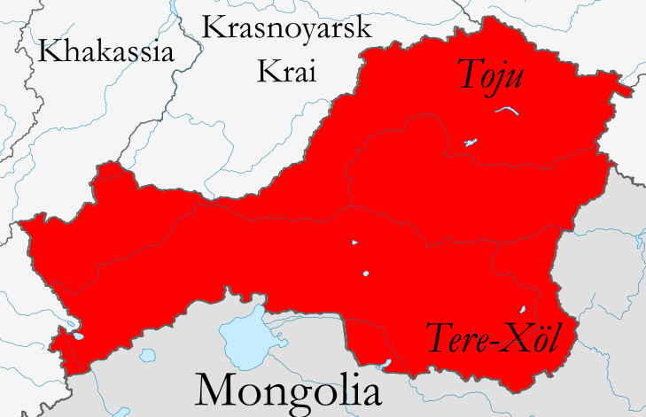 Approximate location of Tuvan speakers in Tyva Republic. The divergent Tere-Xöl and Toju dialects are in italics.