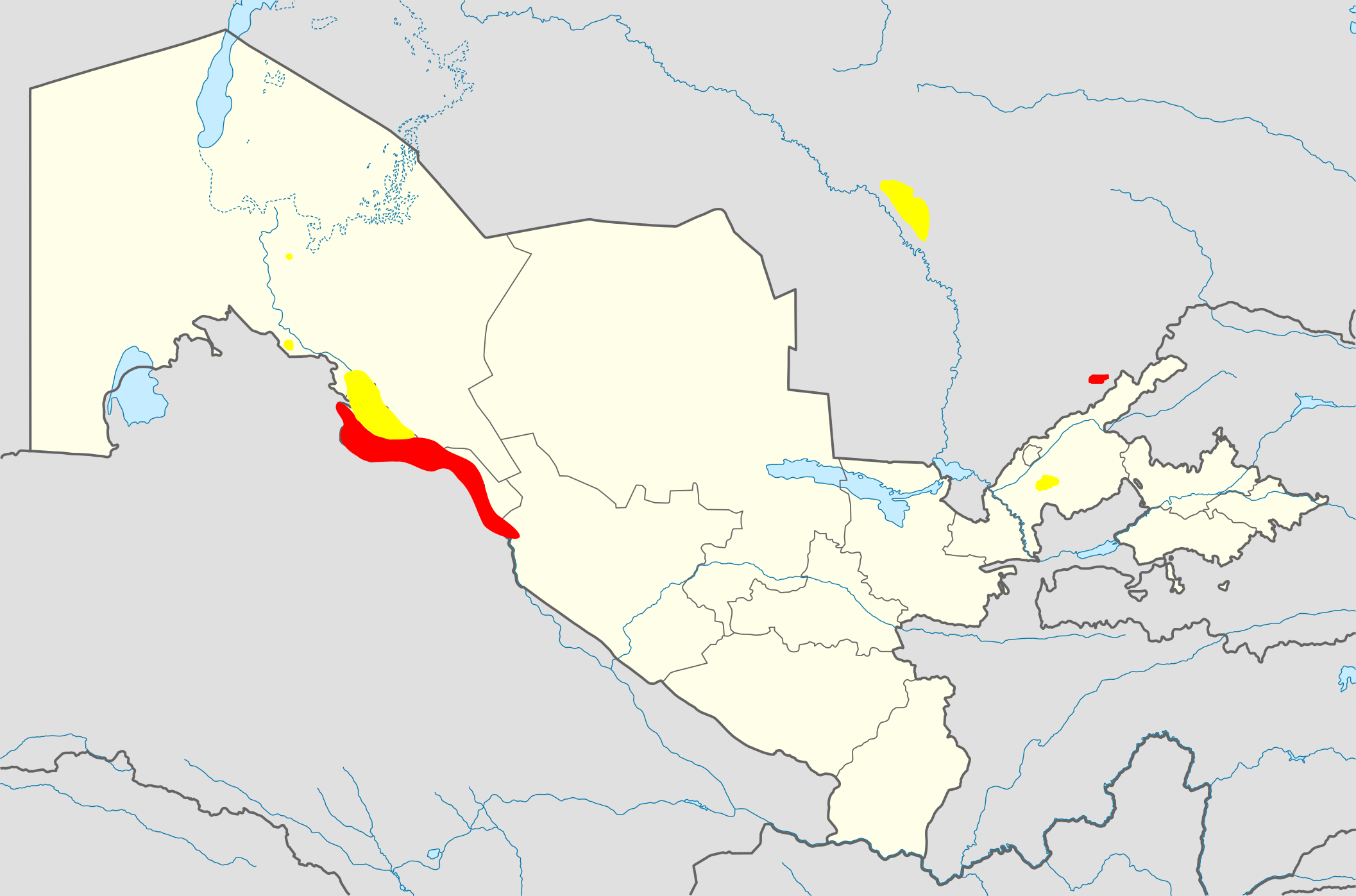 Approximate location of Oghuz Uzbek and Kipchak Uzbek in Uzbekistan and the surrounding areas. Oghuz varieties are in red, Kipchak in yellow.